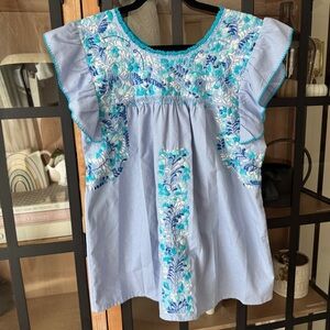 Emilia Collection blouse top embroidered oaxaca ruffle handmade turquoise tunic